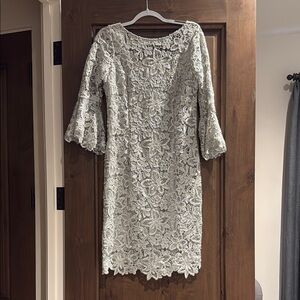 Teri Jon Silver Sheath Dress with Scoop Neck and Bell Sleeves